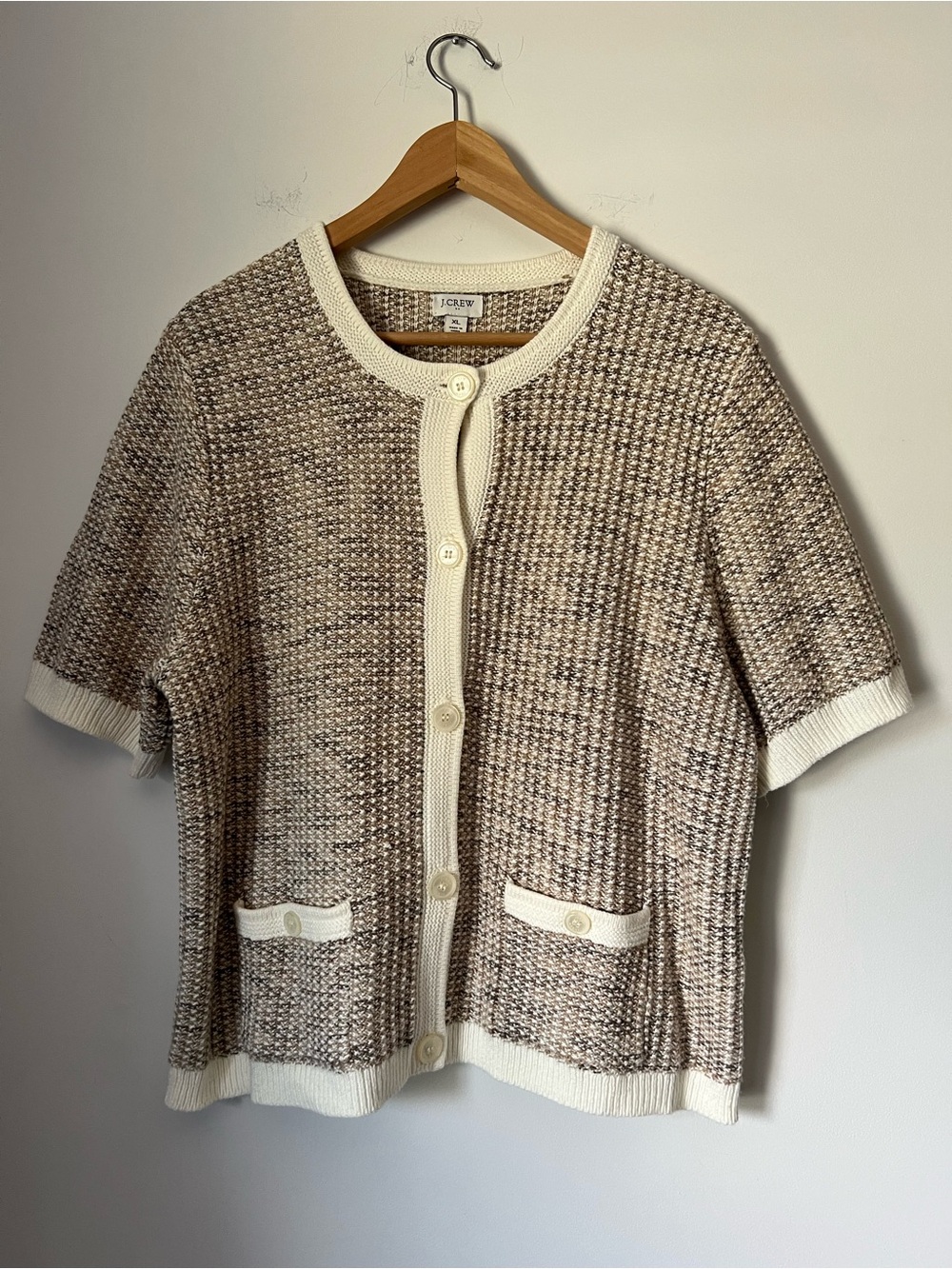J. Crew Cream & Beige Textured Short Sleeve Lady Cardigan Sweater Old Money NEW